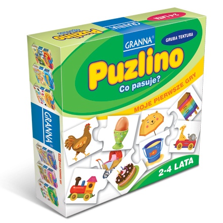 Puzlino. Od 2 do 4 lat. W pudełku znajdują się 24 elementy, które tworzą 12 puzzli. Gra ćwiczy spostrzegawczość i koncentrację. Puzlino